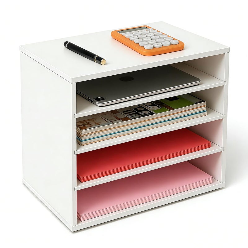 EMERIT 4-Tier Adjustable Paper Organizer, Large Capacity Desktop Organzier for Textbooks/Magazines/Office Files, Wooden Dividers, 7 lbs per Shelf, White - Image 1